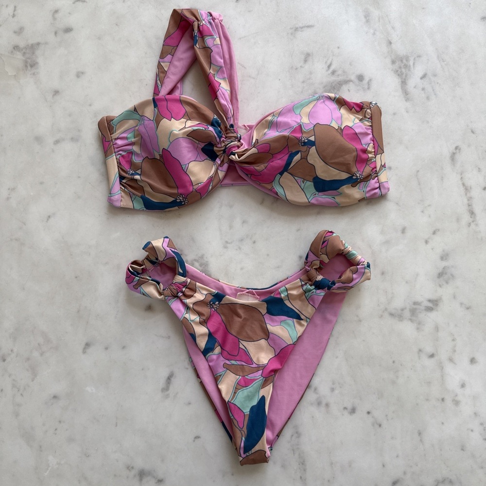 L SPACE Sun Dazed Floral Bikini Set One Shoulder Large Top Small Bottom $213